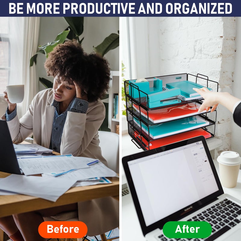 Dasher Products Stackable Paper Tray Desk Organizer, 4-Tier Metal Mesh Letter Organizers for Business, Home, School, or Store Use, Organizes Files, Folders, Letters, Paper, Binders, Multi-Functional Desktop Storage - Image 5